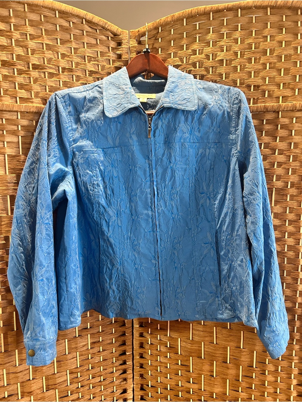 Blue Floral Jacquard Utility Jacket Plus Size 1X Zip Front Cotton Blend